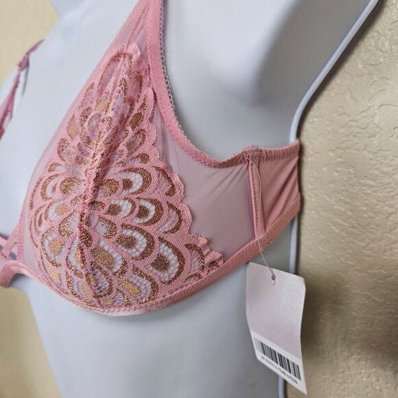 Savage X Fenty Bra Unlined Pink Metallic Gold Lace Mesh Wireless Women's S NWT - Picture 4 of 16